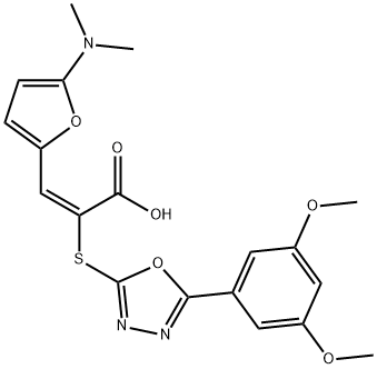 2-Propenoic  acid,  2-[[5-(3,5-dimethoxyphenyl)-1,3,4-oxadiazol-2-yl]thio]-3-[5-(dimethylamino)-2-furanyl]-,  (2E)- Struktur