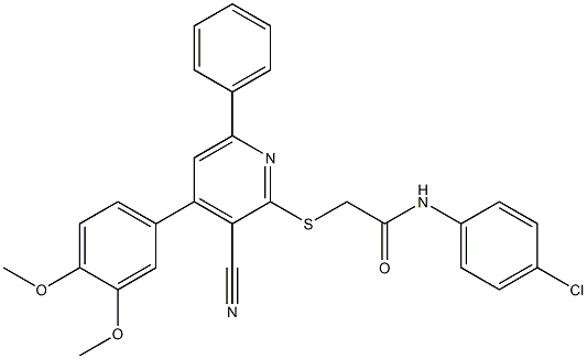 N-(4-chlorophenyl)-2-{[3-cyano-4-(3,4-dimethoxyphenyl)-6-phenyl-2-pyridinyl]sulfanyl}acetamide Struktur