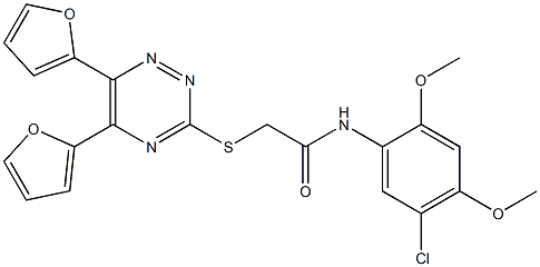 N-(5-chloro-2,4-dimethoxyphenyl)-2-{[5,6-di(2-furyl)-1,2,4-triazin-3-yl]sulfanyl}acetamide Struktur