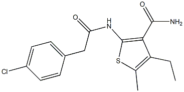 2-{[(4-chlorophenyl)acetyl]amino}-4-ethyl-5-methyl-3-thiophenecarboxamide Struktur