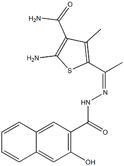 2-amino-5-{1-[(Z)-2-(3-hydroxy-2-naphthoyl)hydrazono]ethyl}-4-methyl-3-thiophenecarboxamide Struktur