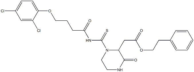 phenethyl 2-[1-({[4-(2,4-dichlorophenoxy)butanoyl]amino}carbothioyl)-3-oxo-2-piperazinyl]acetate Struktur