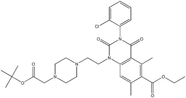 1,2,3,4-Tetrahydro-3-(2-chlorophenyl)-1-[2-(4-tert-butoxycarbonylmethyl-1-piperazinyl)ethyl]-5,7-dimethyl-2,4-dioxoquinazoline-6-carboxylic acid ethyl ester Struktur