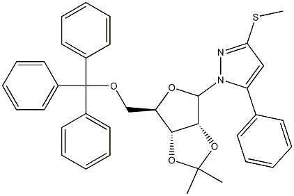 2-O,3-O-(Isopropylidene)-5-O-trityl-1-[3-(methylthio)-5-phenyl-1H-pyrazol-1-yl]-1-deoxy-D-ribofuranose Struktur