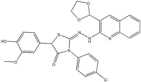 2-[2-[3-(1,3-Dioxolane-2-yl)quinoline-2-yl]hydrazono]-3-(4-chlorophenyl)-5-(4-hydroxy-3-methoxyphenyl)thiazolidine-4-one Struktur