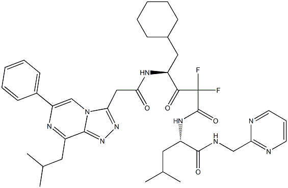 (2S)-2-[[(4S)-5-Cyclohexyl-2,2-difluoro-4-[[(8-isobutyl-6-phenyl-1,2,4-triazolo[4,3-a]pyrazin-3-yl)acetyl]amino]-3-oxopentanoyl]amino]-4-methyl-N-(2-pyrimidinylmethyl)valeramide Struktur