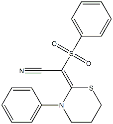 2-[(Phenylsulfonyl)(cyano)methylene]-3-phenyl-3,4,5,6-tetrahydro-2H-1,3-thiazine Struktur