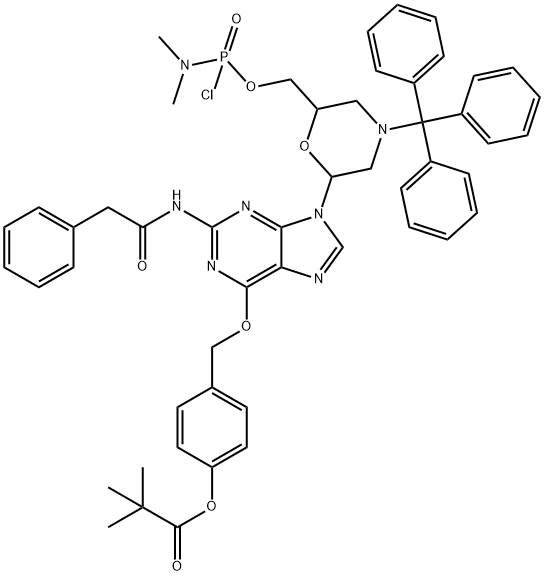 Propanoic acid, 2,2-dimethyl-, 4-[[[9-[6-[[[chloro(dimethylamino)phosphinyl]oxy]methyl]-4-(triphenylmethyl)-2-morpholinyl]-2-[(2-phenylacetyl)amino]-9H-purin-6-yl]oxy]methyl]phenyl ester Struktur