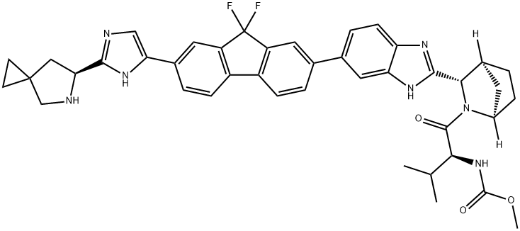 Carbamic acid, N-[(1S)-1-[[(1R,3S,4S)-3-[6-[7-[2-(6S)-5-azaspiro[2.4]hept-6-yl-1H-imidazol-5-yl]-9,9-difluoro-9H-fluoren-2-yl]-1H-benzimidazol-2-yl]-2-azabicyclo[2.2.1]hept-2-yl]carbonyl]-2-methylpropyl]-, methyl ester Struktur