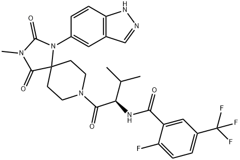 Benzamide, 2-fluoro-N-[(1R)-1-[[1-(1H-indazol-5-yl)-3-methyl-2,4-dioxo-1,3,8-triazaspiro[4.5]dec-8-yl]carbonyl]-2-methylpropyl]-5-(trifluoromethyl)- Struktur