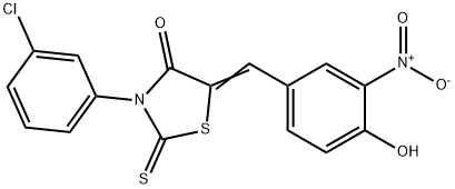 (5E)-3-(3-chlorophenyl)-5-[(4-hydroxy-3-nitrophenyl)methylidene]-2-sulfanylidene-1,3-thiazolidin-4-one Struktur