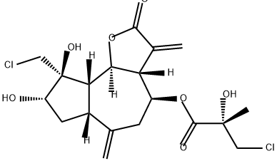 (2S)-2-Hydroxy-2-methyl-3-chloropropanoic acid (3aR,9S)-8α,9β-dihydroxy-9-(chloromethyl)-3,6-bis(methylene)-2-oxo-2,3,3aβ,4,5,6,6aβ,7,8,9,9aβ,9bα-dodecahydroazuleno[4,5-b]furan-4β-yl ester Struktur