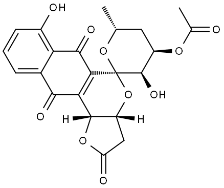 (5R,3aR,11bR)-4'α-Acetyloxy-3',3a,4',5',6',11b-hexahydro-3'α,7-dihydroxy-6'β-methylspiro[5H-furo[3,2-b]naphtho[2,3-d]pyran-5,2'-[2H]pyran]-2,6,11(3H)-trione Struktur