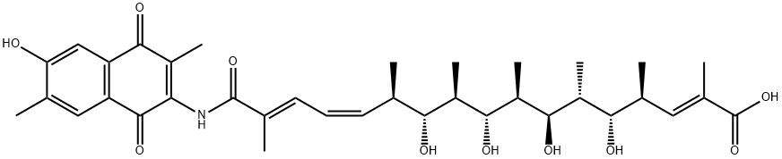 2,13,15-Heptadecatrienoic acid, 17-[(1,4-dihydro-6-hydroxy-3,7-dimethyl-1,4-dioxo-2-naphthalenyl)amino]-5,7,9,11-tetrahydroxy-2,4,6,8,10,12,16-heptamethyl-17-oxo-, (2E,4S,5S,6R,7R,8R,9R,10R,11R,12R,13Z,15E)- Struktur