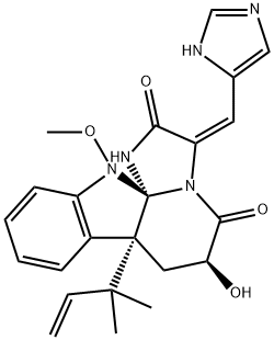 1H,5H-Imidazo[1',2':1,2]pyrido[2,3-b]indole-2,5(3H)-dione, 7a-(1,1-dimethyl-2-propen-1-yl)-6,7,7a,12-tetrahydro-6-hydroxy-3-(1H-imidazol-5-ylmethylene)-12-methoxy-, (3E,6S,7aR,12aS)- Struktur