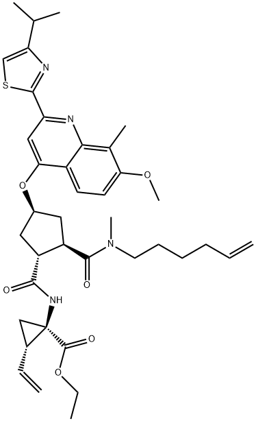 (1R,2S)-2-Ethenyl-1-[[[(1R,2R,4R)-2-[(5-hexen-1-ylmethylamino)carbonyl]-4-[[7-methoxy-8-methyl-2-[4-Isopropyl-thiazol-2-yl]-quinolin-4-yl]oxy]cyclopentyl]carbonyl]amino]cyclopropane-carboxylic acid ethyl este Struktur