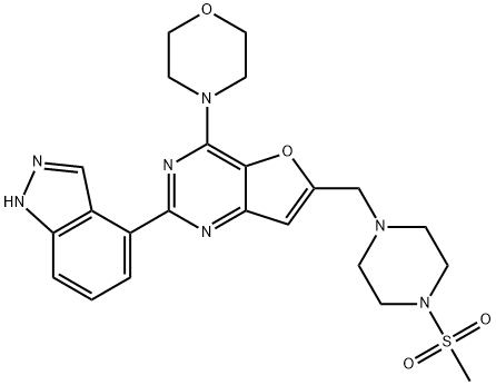 Furo[3,2-d]pyrimidine, 2-(1H-indazol-4-yl)-6-[[4-(methylsulfonyl)-1-piperazinyl]methyl]-4-(4-morpholinyl)- Struktur