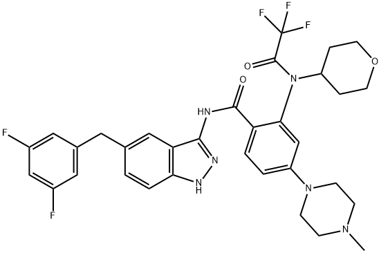 Benzamide, N-[5-[(3,5-difluorophenyl)methyl]-1H-indazol-3-yl]-4-(4-methyl-1-piperazinyl)-2-[(tetrahydro-2H-pyran-4-yl)(2,2,2-trifluoroacetyl)amino]- Struktur