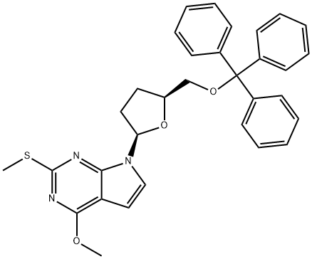 7H-Pyrrolo[2,3-d]pyrimidine, 4-methoxy-2-(methylthio)-7-[tetrahydro-5-[(triphenylmethoxy)methyl]-2-furanyl]-, (2R-cis)- (9CI) Struktur