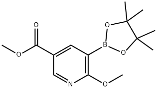 3-Pyridinecarboxylic acid, 6-methoxy-5-(4,4,5,5-tetramethyl-1,3,2-dioxaborolan-2-yl)-, methyl ester Struktur