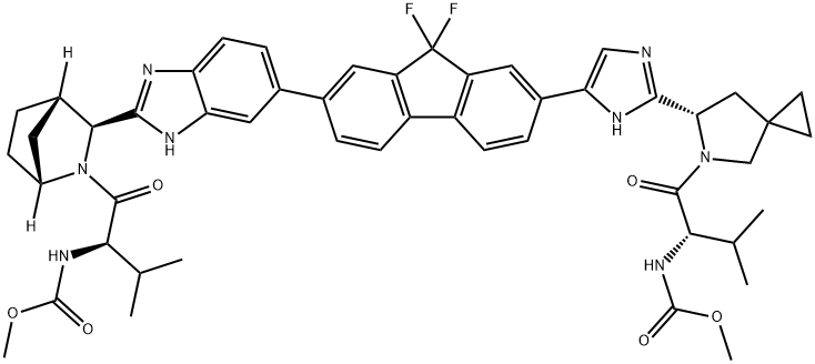 N-[(1S)-1-[[(6S)-6-[5-[9,9-Difluoro-7-[2-[(1R,3S,4S)-2-[(2R)-2-[(methoxycarbonyl)amino]-3-methyl-1-oxobutyl]-2-azabicyclo[2.2.1]hept-3-yl]-1H-benzimidazol-6-yl]-9H-fluoren-2-yl]-1H-imidazol-2-yl]-5-azaspiro[2.4]hept-5-yl]carbonyl]-2-methylpropyl]-, methyl Struktur