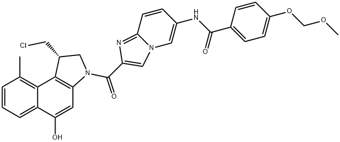 Benzamide, N-[2-[[(1S)-1-(chloromethyl)-1,2-dihydro-5-hydroxy-9-methyl-3H-benz[e]indol-3-yl]carbonyl]imidazo[1,2-a]pyridin-6-yl]-4-(methoxymethoxy)- Struktur