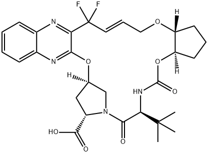 (33R,35S,91R,92R,5S,E)-5-(tert-butyl)-14,14-difluoro-4,7-dioxo-2,8,10-trioxa-6-aza-1(2,3)-quinoxalina-3(3,1)-pyrrolidina-9(1,2)-cyclopentanacyclotetradecaphan-12-ene-35-carboxylic acid Struktur