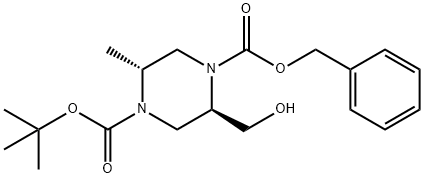 1,4-Piperazinedicarboxylic acid, 2-(hydroxymethyl)-5-methyl-, 4-(1,1-dimethylethyl) 1-(phenylmethyl) ester, (2R,5R)- Struktur