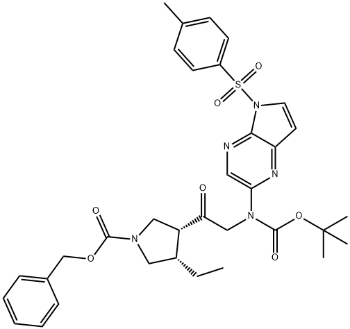 Phenylmethyl (3R,4S)-3-[2-[[(1,1-dimethylethoxy)carbonyl][5-[(4-methylphenyl)sulfonyl]-5H-pyrrolo[2,3-b]pyrazin-2-yl]amino]acetyl]-4-ethyl-1-pyrrolidinecarboxylate  Struktur