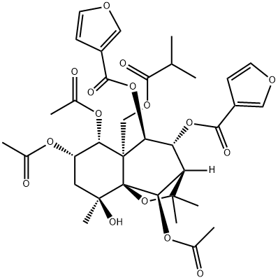 3-Furancarboxylic acid, 3,3'-[(3R,4R,5R,5aS,6R,7S,9S,9aS,10R)-6,7,10-tris(acetyloxy)octahydro-9-hydroxy-2,2,9-trimethyl-5a-[(2-methyl-1-oxopropoxy)methyl]-2H-3,9a-methano-1-benzoxepin-4,5-diyl] ester Struktur