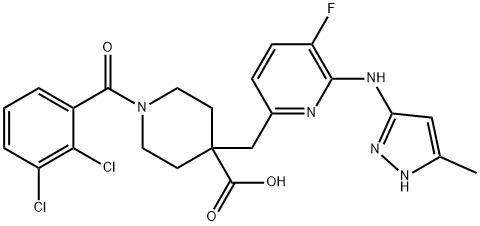 4-Piperidinecarboxylic acid, 1-(2,3-dichlorobenzoyl)-4-[[5-fluoro-6-[(5-methyl-1H-pyrazol-3-yl)amino]-2-pyridinyl]methyl]- Struktur