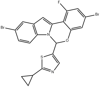 3,10-Dibromo-6-(2-cyclopropyl-1,3-thiazol-5-yl)-1-fluoro-6H-indolo[1,2-c][1,3]benzoxazine Struktur