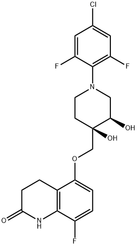 2(1H)-Quinolinone, 5-[[(3R,4R)-1-(4-chloro-2,6-difluorophenyl)-3,4-dihydroxy-4-piperidinyl]methoxy]-8-fluoro-3,4-dihydro- Struktur