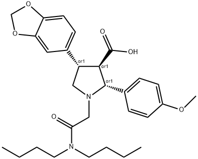 rel-(2R,3R,4S)-4-(1,3-Benzodioxol-5-yl)-1-[2-(dibutylamino)-2-oxoethyl]-2-(4-methoxyphenyl)-3-pyrrolidinecarboxylic acid Struktur