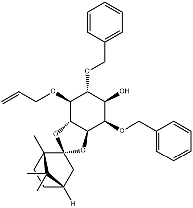 D-myo-Inositol, 2,6-bis-O-(phenylmethyl)-5-O-2-propenyl-3,4-O-(1S,2S,4S)-1,7,7-trimethylbicyclo2.2.1hept-2-ylidene- Struktur