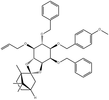 D-myo-Inositol, 1-O-(4-methoxyphenyl)methyl-2,6-bis-O-(phenylmethyl)-5-O-2-propenyl-3,4-O-(1S,2R,4S)-1,7,7-trimethylbicyclo2.2.1hept-2-ylidene- Struktur