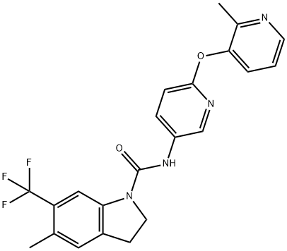 1H-Indole-1-carboxamide, 2,3-dihydro-5-methyl-N-[6-[(2-methyl-3-pyridinyl)oxy]-3-pyridinyl]-6-(trifluoromethyl)- Struktur