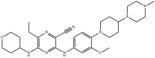 2-Pyrazinecarbonitrile, 6-ethyl-3-[[3-methoxy-4-[4-(4-methyl-1-piperazinyl)-1-piperidinyl]phenyl]amino]-5-[(tetrahydro-2H-pyran-4-yl)amino]- Struktur