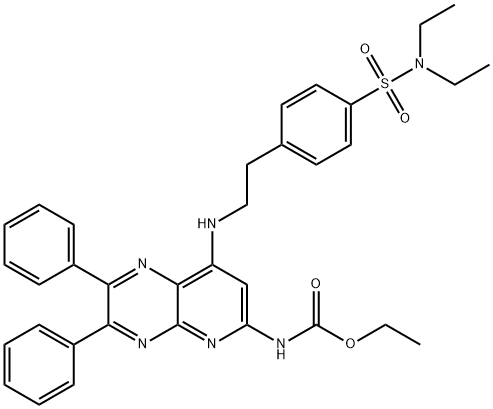 ethyl N-[7-[2-[4-(diethylsulfamoyl)phenyl]ethylamino]-3,4-diphenyl-2,5 ,10-triazabicyclo[4.4.0]deca-2,4,7,9,11-pentaen-9-yl]carbamate Struktur