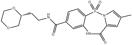 Pyrrolo[1,2-b][1,2,5]benzothiadiazepine-8-carboxamide, N-[2-(2R)-1,4-dioxan-2-ylethyl]-10,11-dihydro-2-methyl-11-oxo-, 5,5-dioxide Struktur