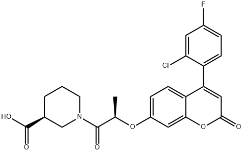 3-Piperidinecarboxylic acid, 1-[(2R)-2-[[4-(2-chloro-4-fluorophenyl)-2-oxo-2H-1-benzopyran-7-yl]oxy]-1-oxopropyl]-, (3S)- Struktur