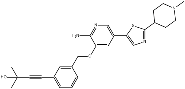 3-Butyn-2-ol, 4-[3-[[[2-amino-5-[2-(1-methyl-4-piperidinyl)-5-thiazolyl]-3-pyridinyl]oxy]methyl]phenyl]-2-methyl- Struktur