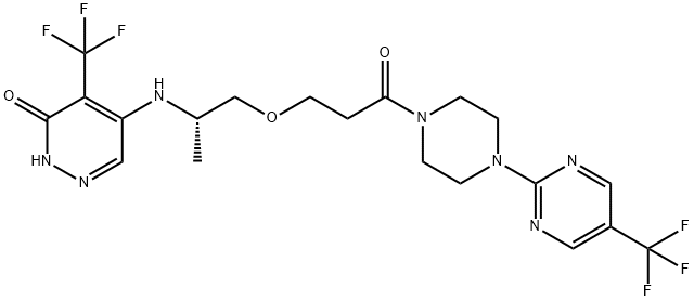 (S)-5-((1-(3-oxo-3-(4-(5-(trifluoromethyl)pyrimidin-2-yl)piperazin-1-yl)propoxy)propan-2-yl)amino)-4-(trifluoromethyl)pyridazin-3(2H)-one Struktur