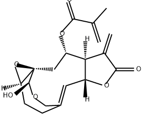 2-Methylpropenoic acid [(1aR,4Z,5aR,8aR,9S,10aR,11R)-1a,2,5a,7,8,8a,9,10-octahydro-11-hydroxy-8-methylene-7-oxo-3H-4,10a-(methanoxymethano)oxireno[5,6]cyclodeca[1,2-b]furan-9-yl] ester Struktur