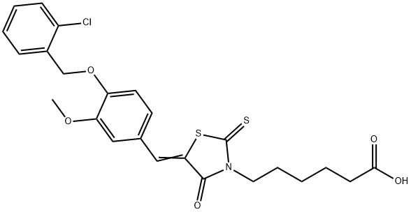 6-[(5Z)-5-[[4-[(2-chlorophenyl)methoxy]-3-methoxyphenyl]methylidene]-4-oxo-2-sulfanylidene-1,3-thiazolidin-3-yl]hexanoic acid Struktur