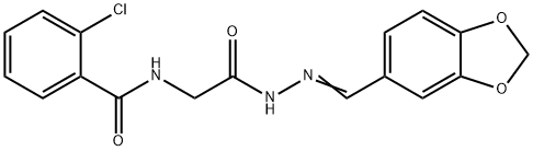 N-{2-[(2E)-2-(1,3-benzodioxol-5-ylmethylidene)hydrazinyl]-2-oxoethyl}-2-chlorobenzamide (non-preferred name) Struktur