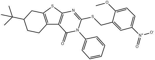 7-tert-butyl-2-[(2-methoxy-5-nitrophenyl)methylsulfanyl]-3-phenyl-5,6,7,8-tetrahydro-[1]benzothiolo[2,3-d]pyrimidin-4-one Struktur