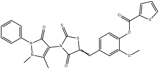 [4-[(E)-[3-(1,5-dimethyl-3-oxo-2-phenylpyrazol-4-yl)-4-oxo-2-sulfanylidene-1,3-thiazolidin-5-ylidene]methyl]-2-methoxyphenyl] thiophene-2-carboxylate Struktur