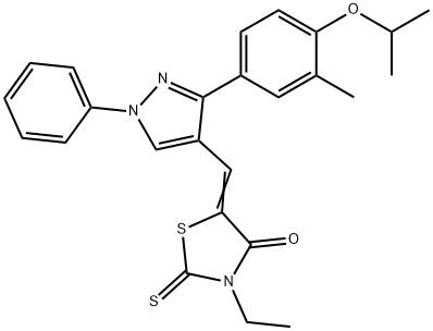 (5Z)-3-ethyl-5-[[3-(3-methyl-4-propan-2-yloxyphenyl)-1-phenylpyrazol-4-yl]methylidene]-2-sulfanylidene-1,3-thiazolidin-4-one Struktur