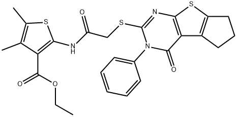 ethyl 4,5-dimethyl-2-[[2-[(1-oxo-2-phenyl-7,8-dihydro-6H-cyclopenta[2,3]thieno[2,4-b]pyrimidin-3-yl)sulfanyl]acetyl]amino]thiophene-3-carboxylate Struktur